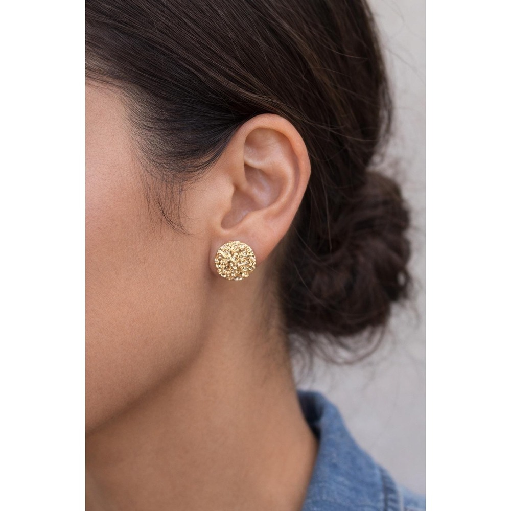 Textured Gold Tone Round Stud Earrings Vintage Style Minimal Earrings